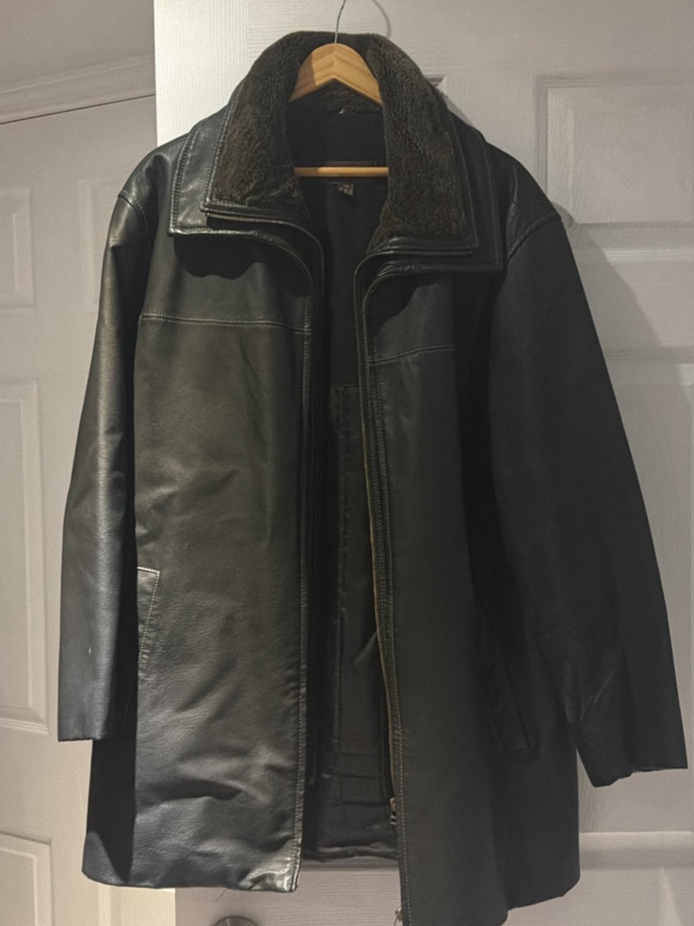 Danier Black Genuine Leather Pea Coat with removable Shearling Collar